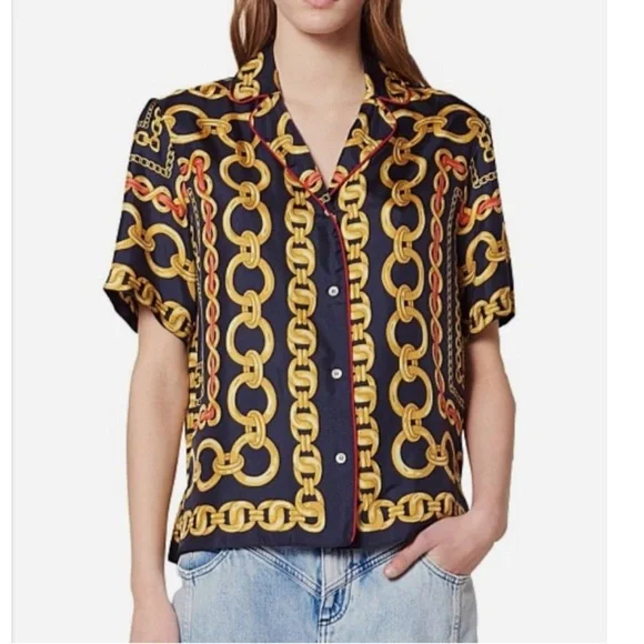 Sandro Paris New Mathias Silk Chain Print Button Down Blouse Medium Designer - Picture 4 of 16
